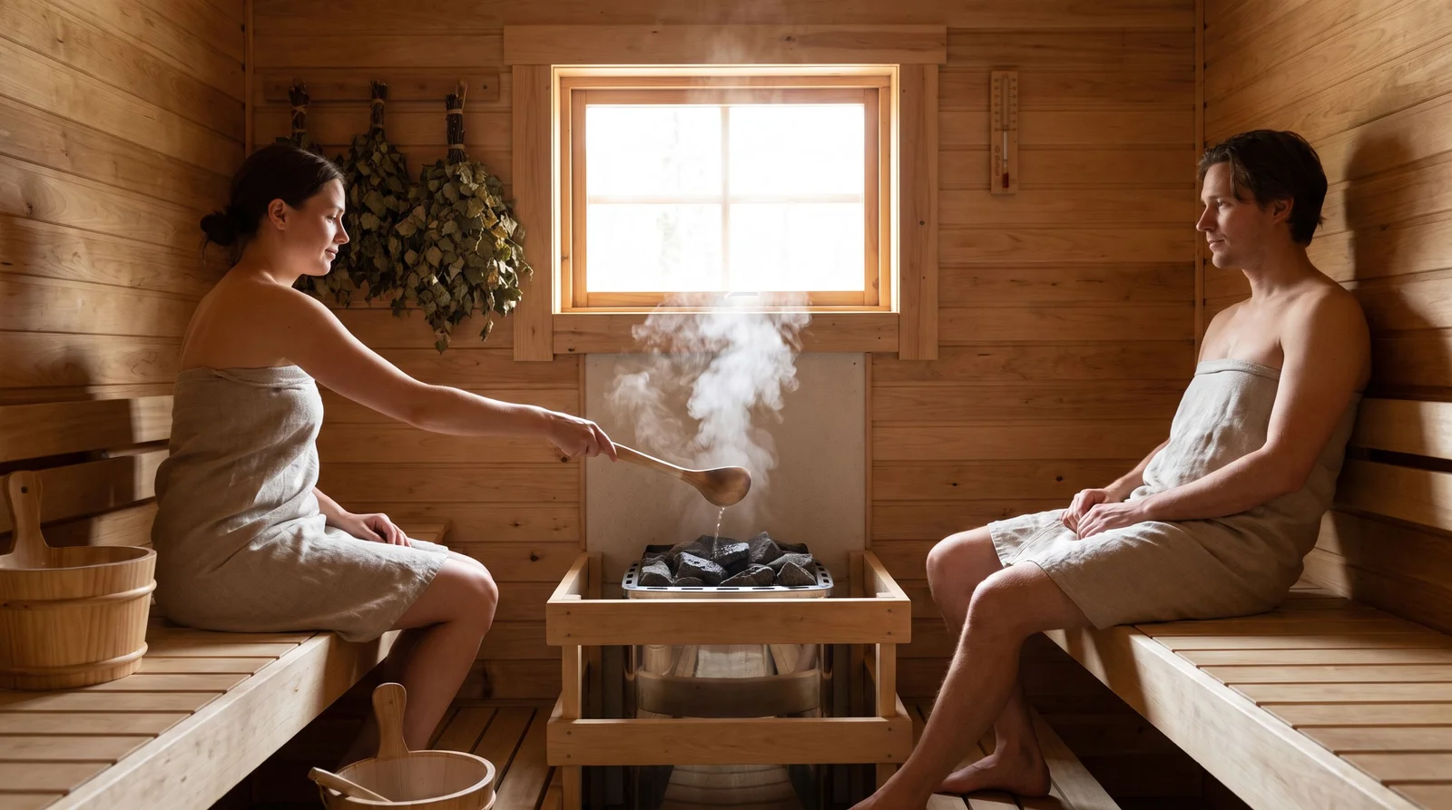 Drvena finska sauna s kamenjem i mekim svjetlom u planinskoj vili